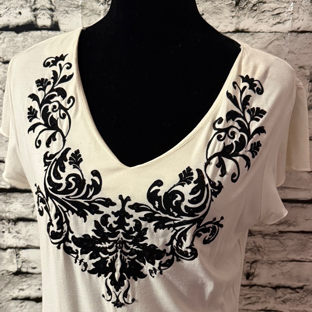 Style & Co. Black and Cream Embroidered Short Sleeve Top